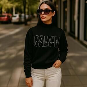 Calvin‎ Klein Sweatshirt XS Black Logo Mockneck Pullover Fall Streetwear